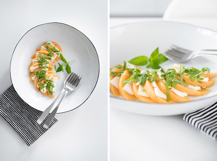 Melonensalat mit Feta und Minze auf der Schale Piana von Lambert angerichtet